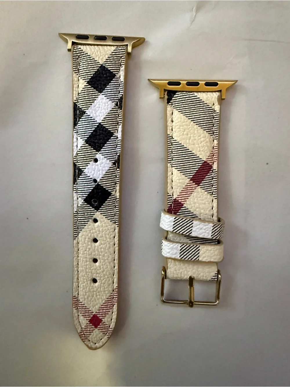Burberry Cream Plaid Leather Watch Band with Gold Hardware for Ultra 49mm